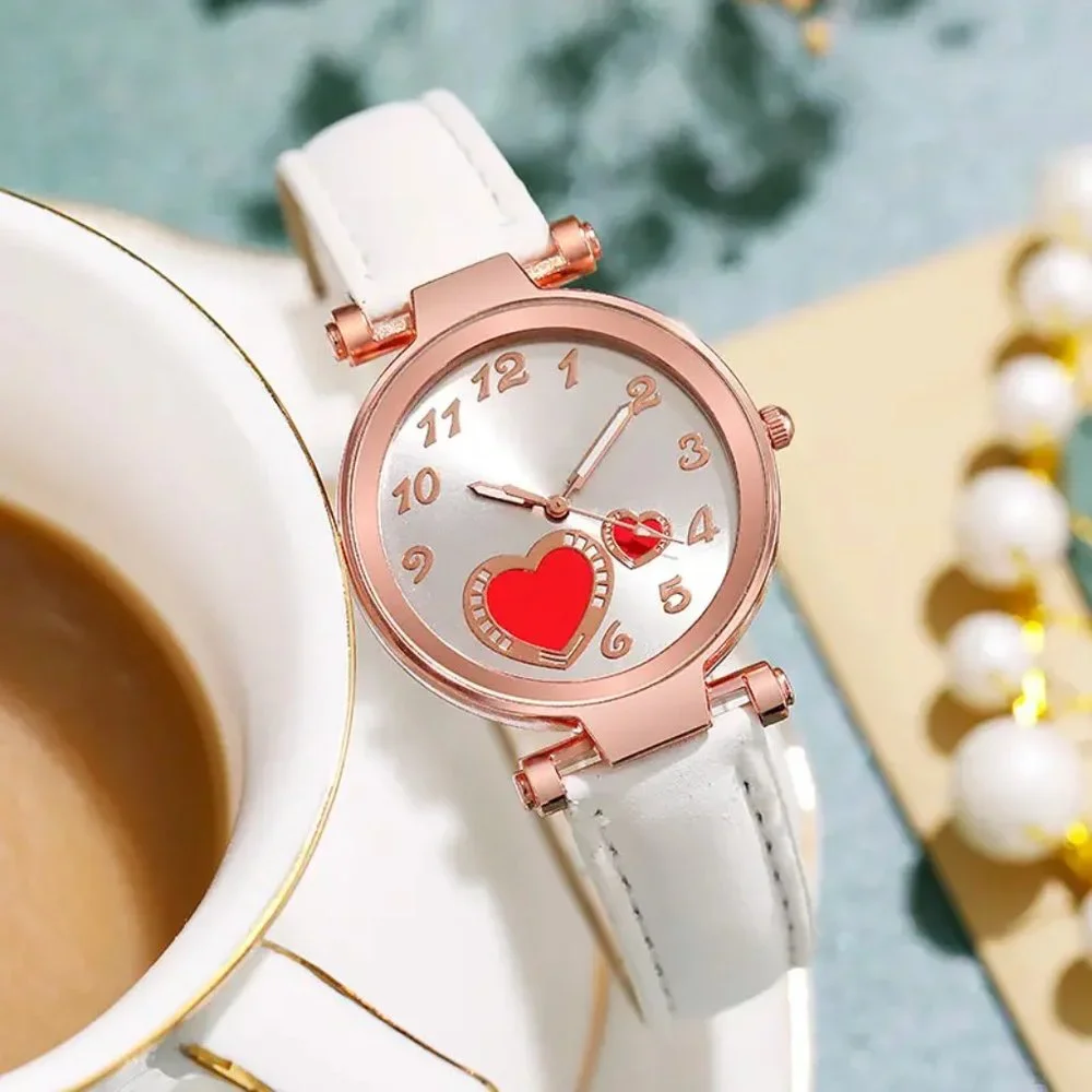 Elegant Love Heart Design Wrist Watch for Women White Strap Silver Dial